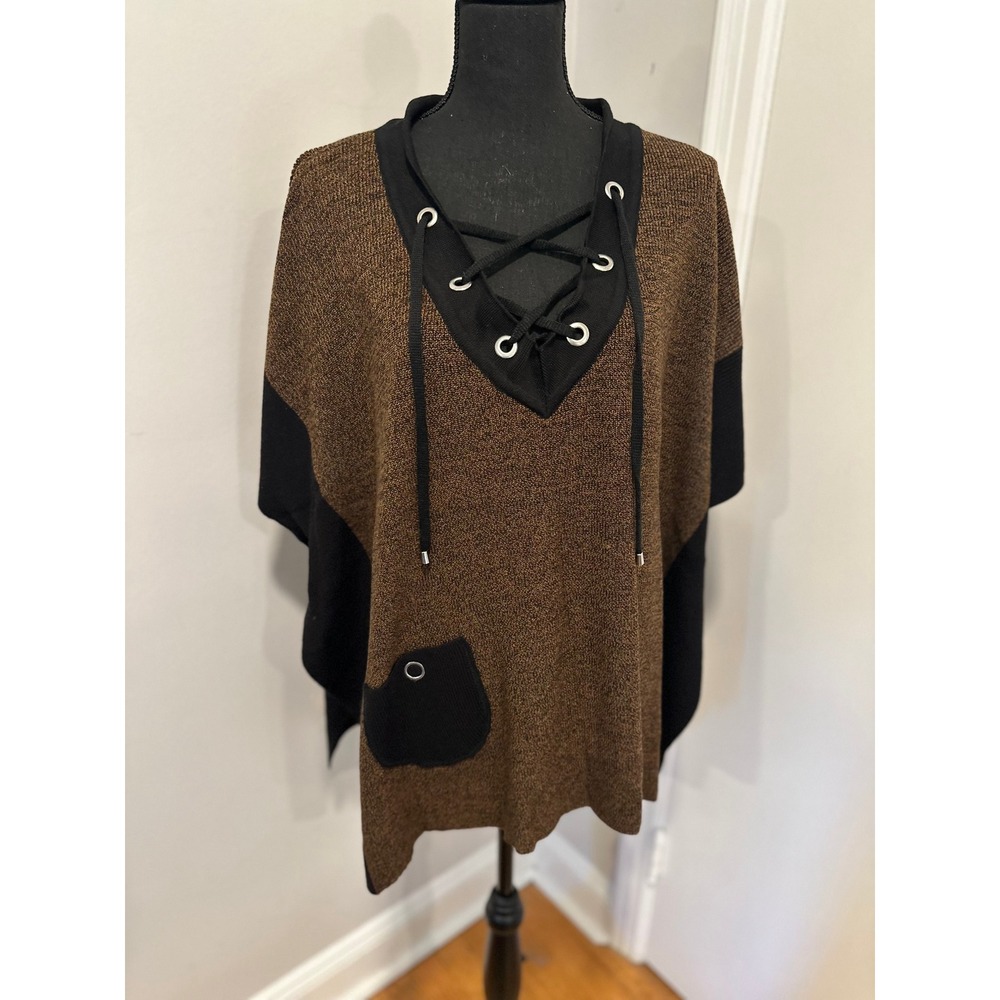 Angel Boho Lace Up Grommet Knit Poncho Top Sz:XL Brown Black oversized boxy fall